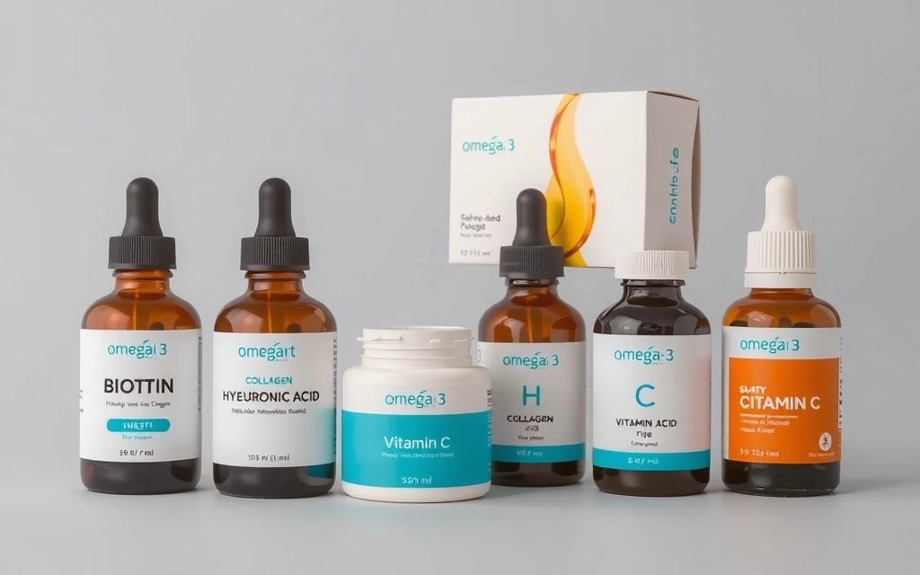 Variedad de frascos de suplementos para belleza