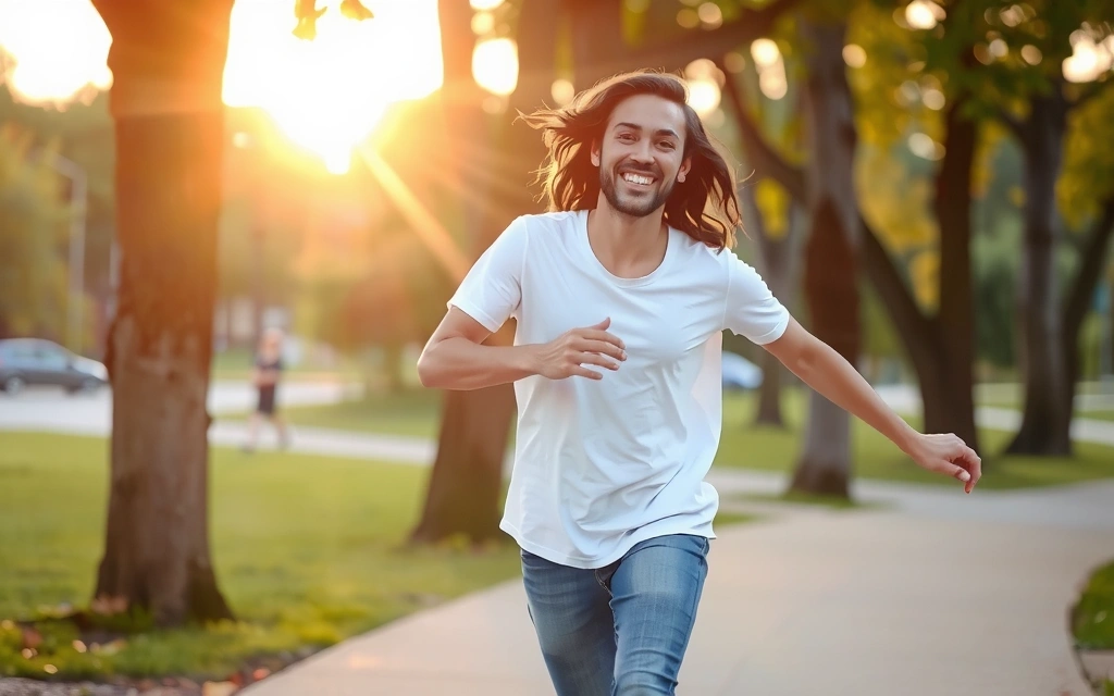 Persona corriendo alegremente al aire libre con el sol brillando.