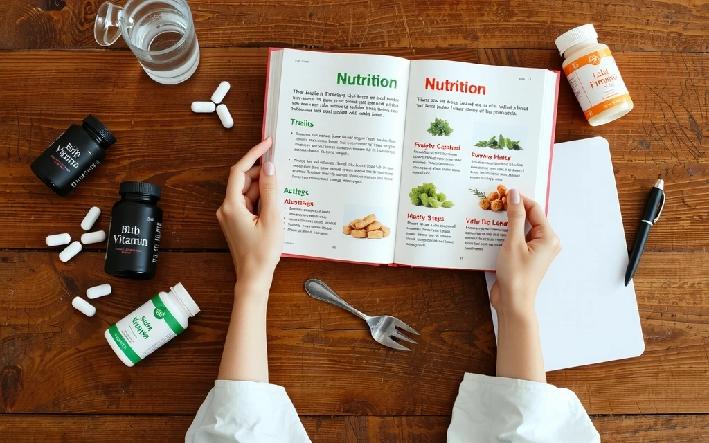 Persona leyendo un libro sobre nutrición con un vaso de agua y suplementos