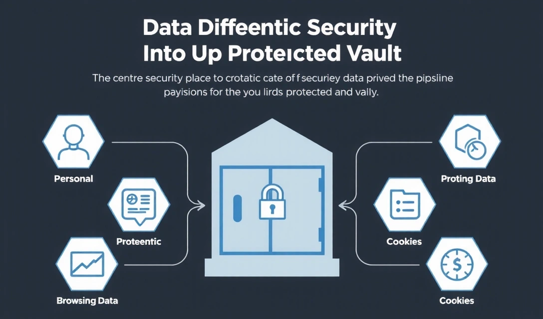 Visualización de diferentes tipos de datos fluyendo de forma segura, con iconos que representan identidad, navegación y cookies.