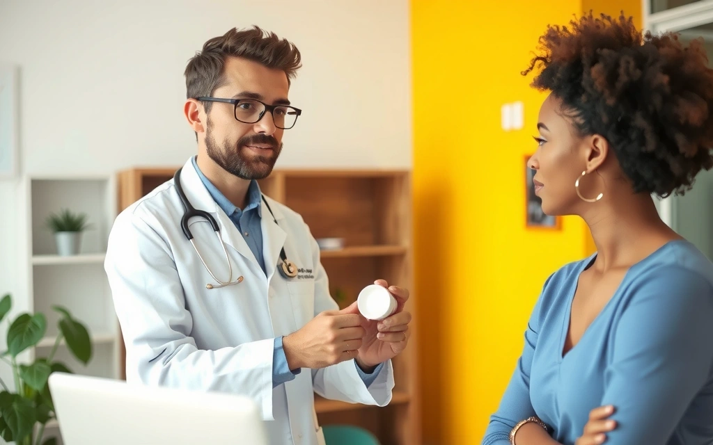 Profesional de la salud explicando beneficios de suplementos