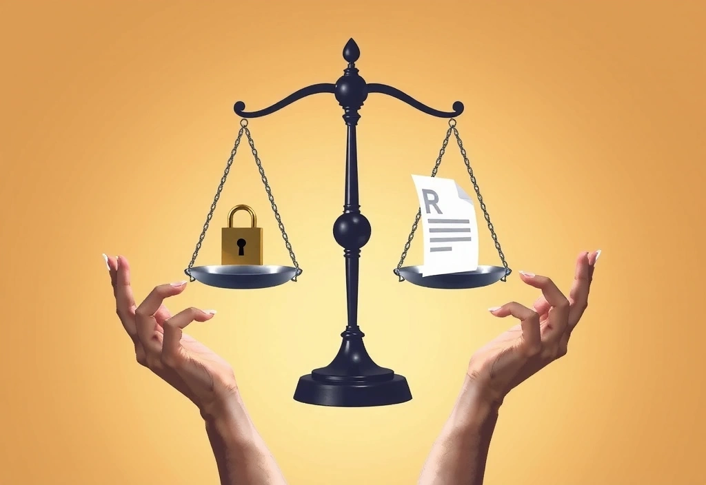 Ilustración de manos sosteniendo una balanza, simbolizando el equilibrio entre privacidad y derechos del usuario.